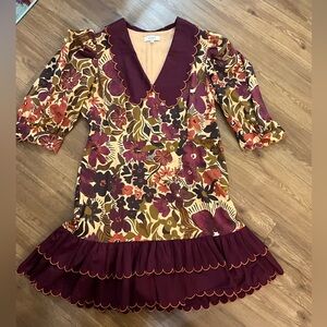 Floral Scallop-Trim Mini Dress in Burgundy & Mustard